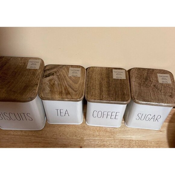 Canisters Sugar, Coffee,Tea and Biscuits metal with wooden lids new! - Picture 2 of 5